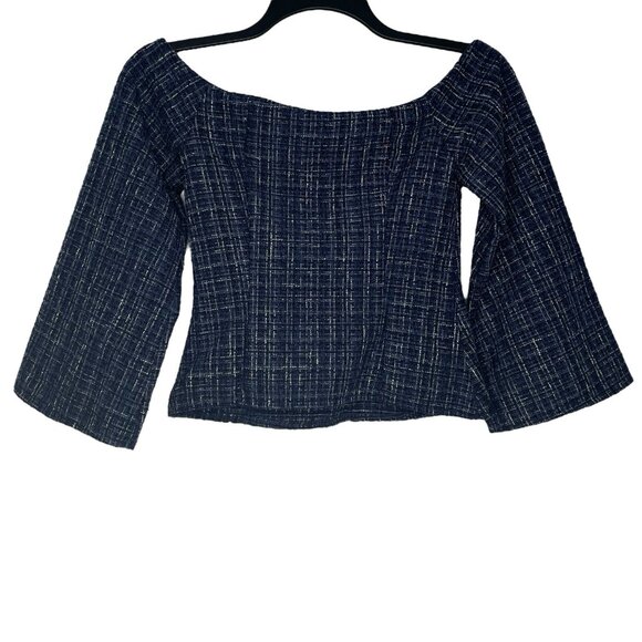 Zara Womens Top Size XS Tweed Textured Structured Off The Shoulder Flare Sleeves - Picture 4 of 7